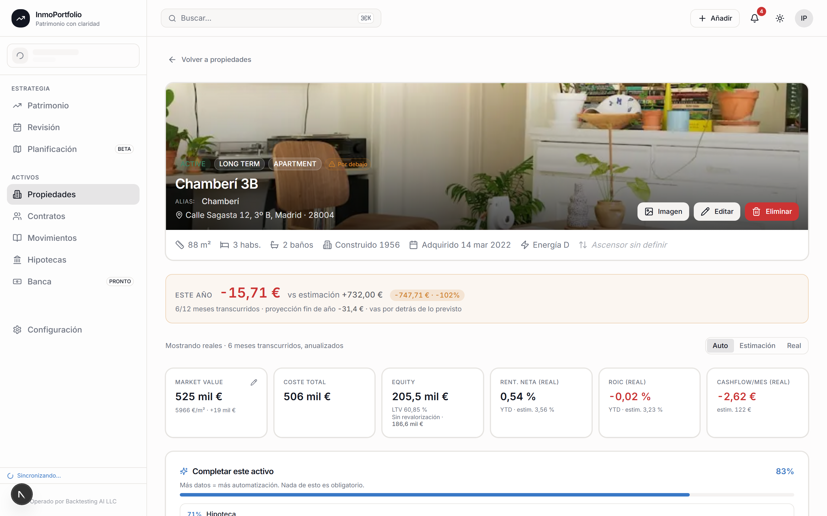 Detalle de activo · KPIs, hipoteca, contratos y costes operativos