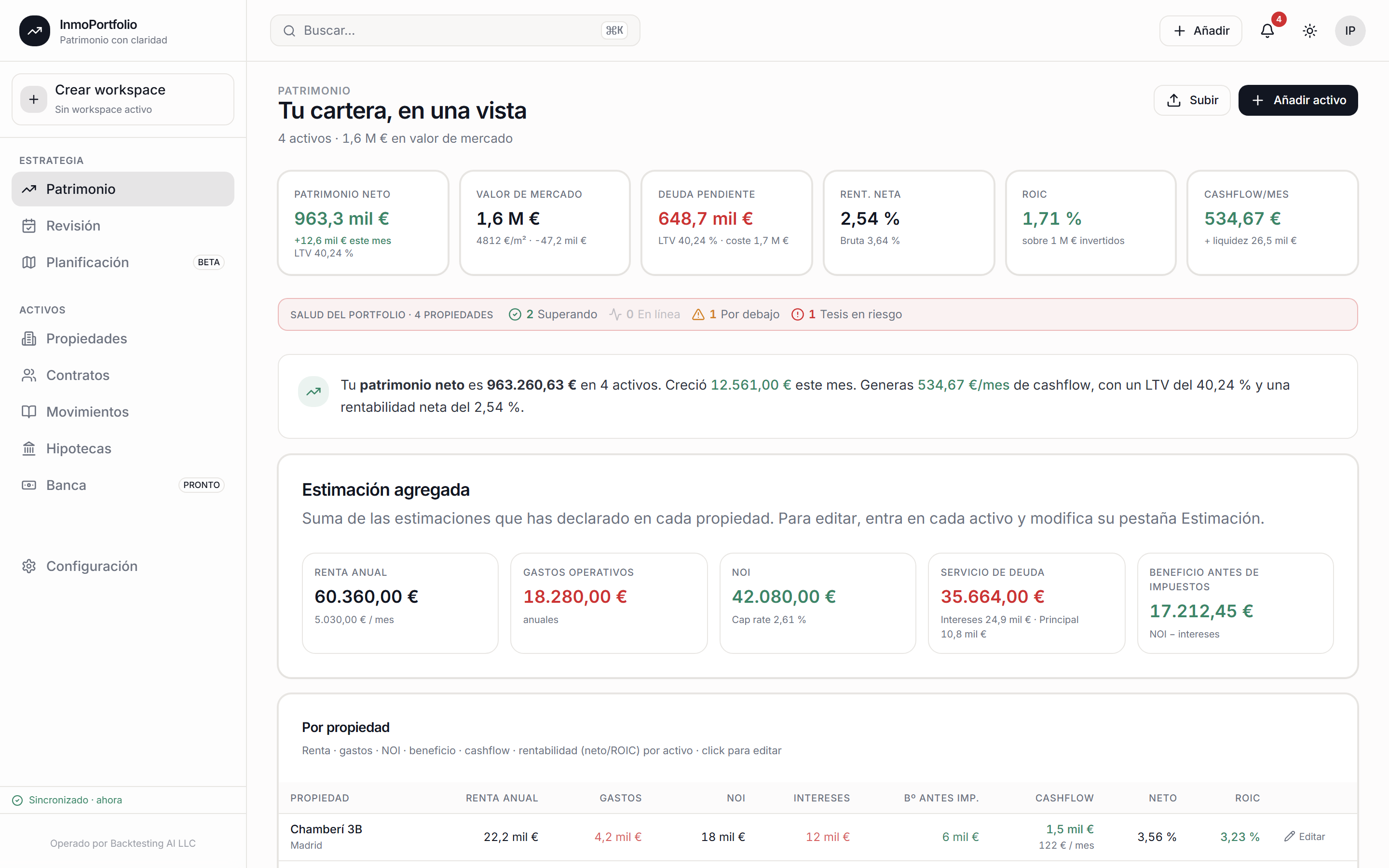 Patrimonio — tu cartera en una vista: patrimonio neto, valor de mercado, deuda pendiente, rentabilidad y cashflow